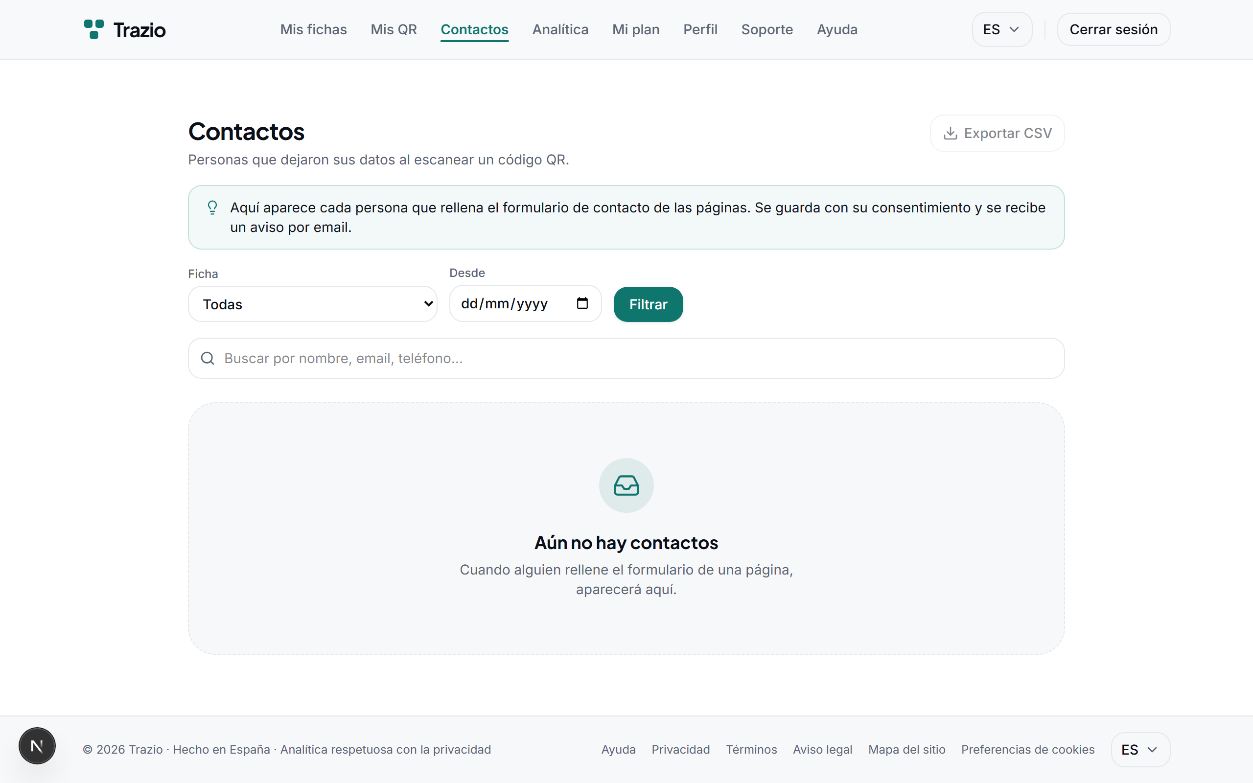 Los contactos recibidos se recopilan en un mismo listado dentro de la cuenta, listos para consultarse o exportarse.