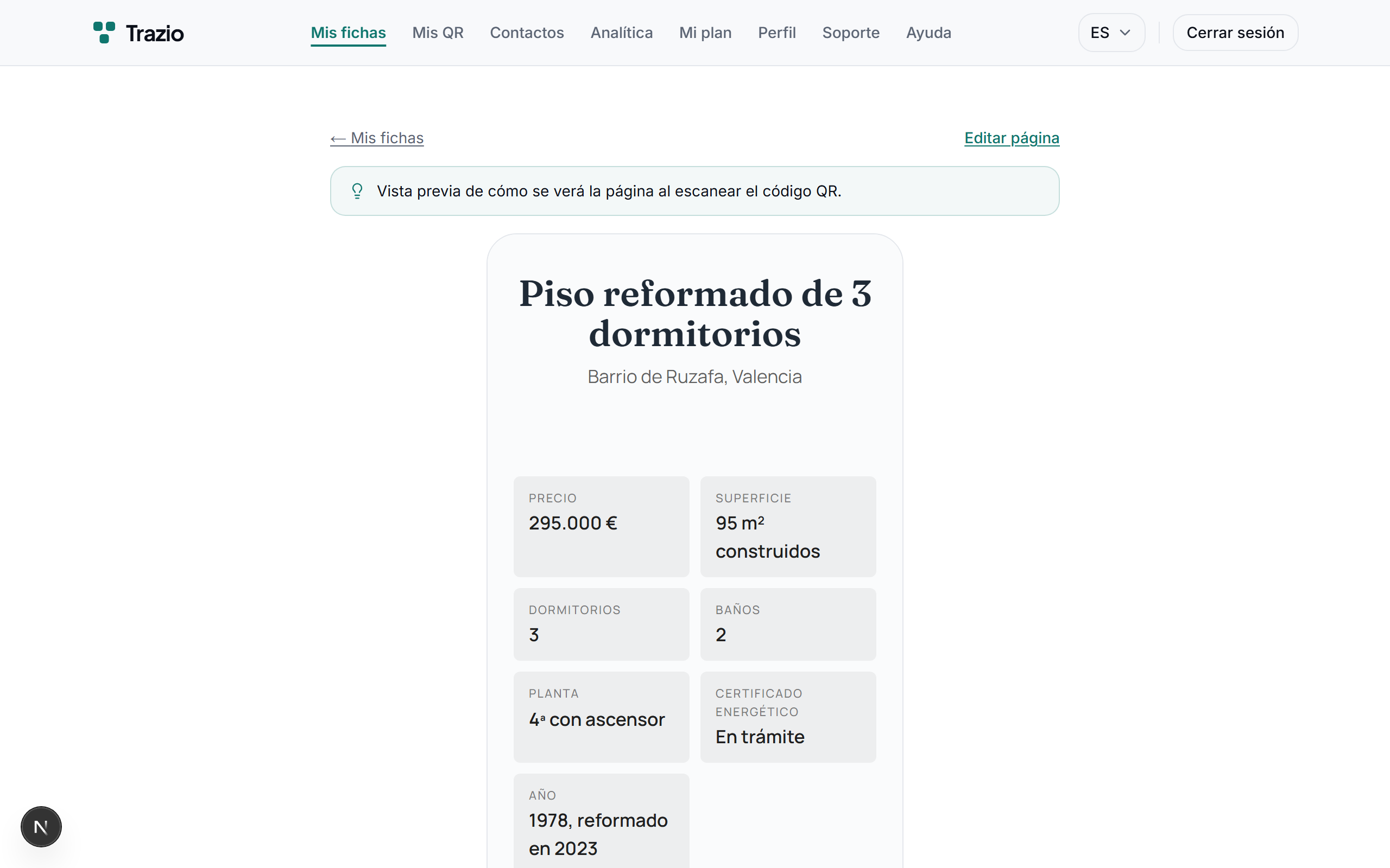 Una vez guardada, la ficha aparece con todo su contenido y queda disponible para vincularse a un código QR.