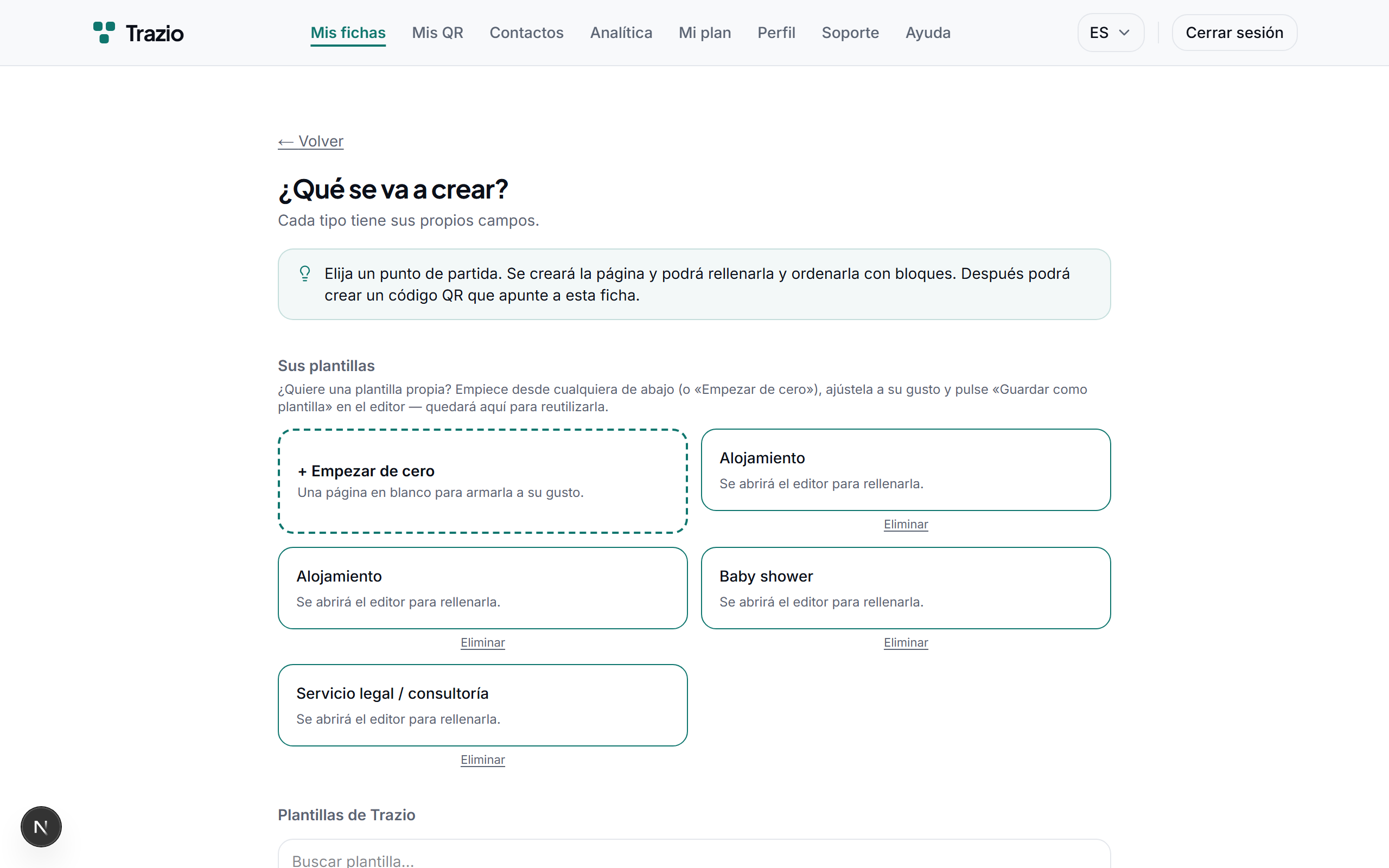 Se selecciona una plantilla según el uso previsto: propiedad, plato, evento, producto u otros. La plantilla define la estructura inicial del contenido.