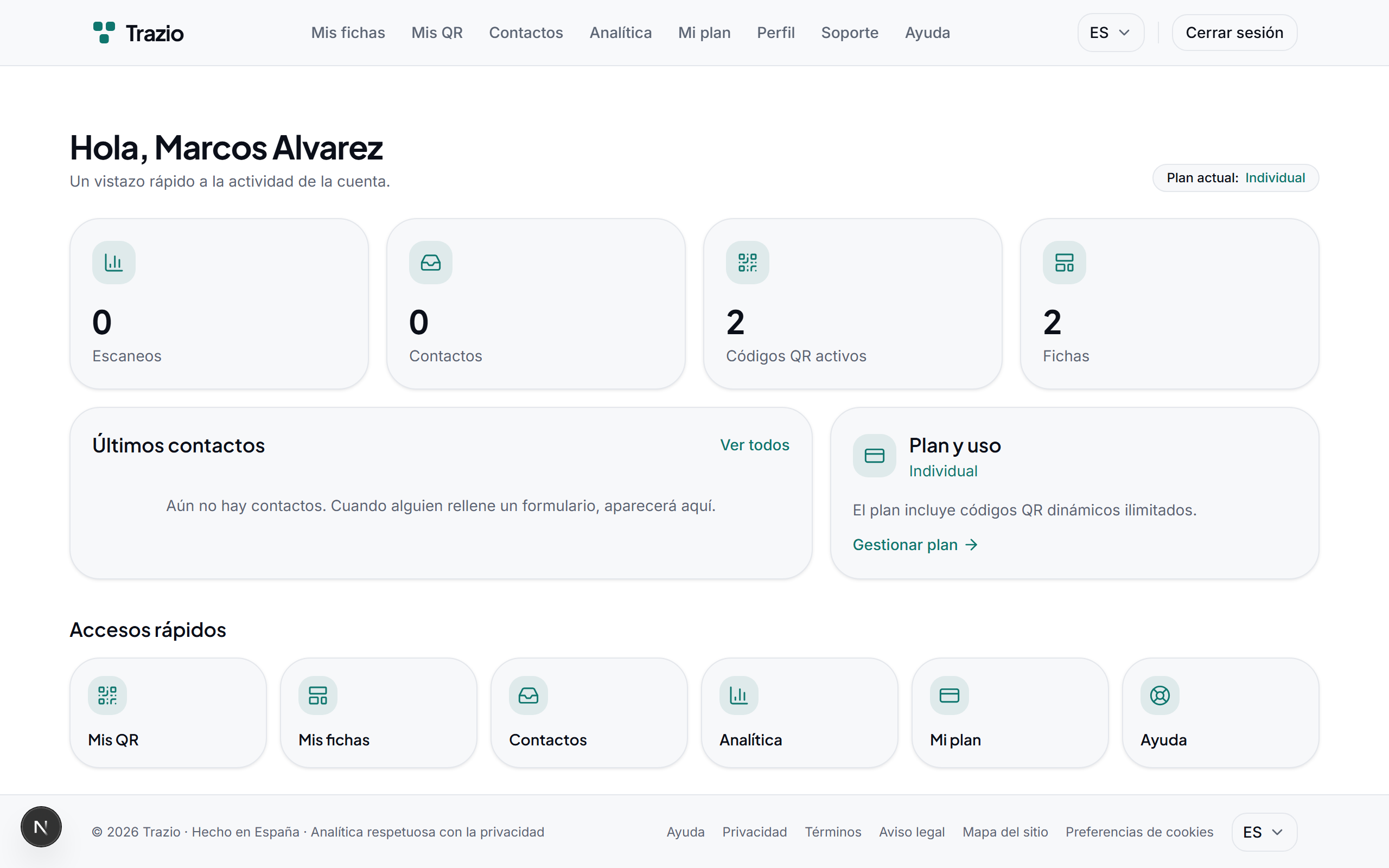 El panel de inicio reúne las fichas, los códigos QR y la analítica. Desde aquí se accede a todo lo necesario para gestionar la cuenta.