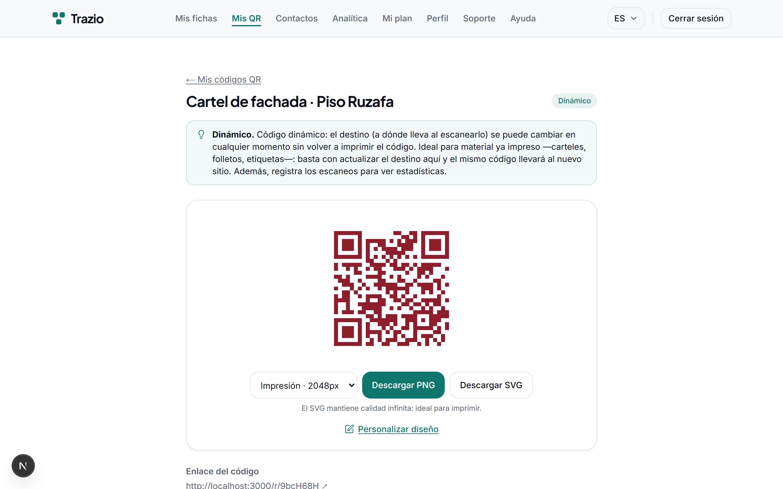 En el detalle del código dinámico se muestra el destino actual. Desde aquí se accede a la opción de editarlo.