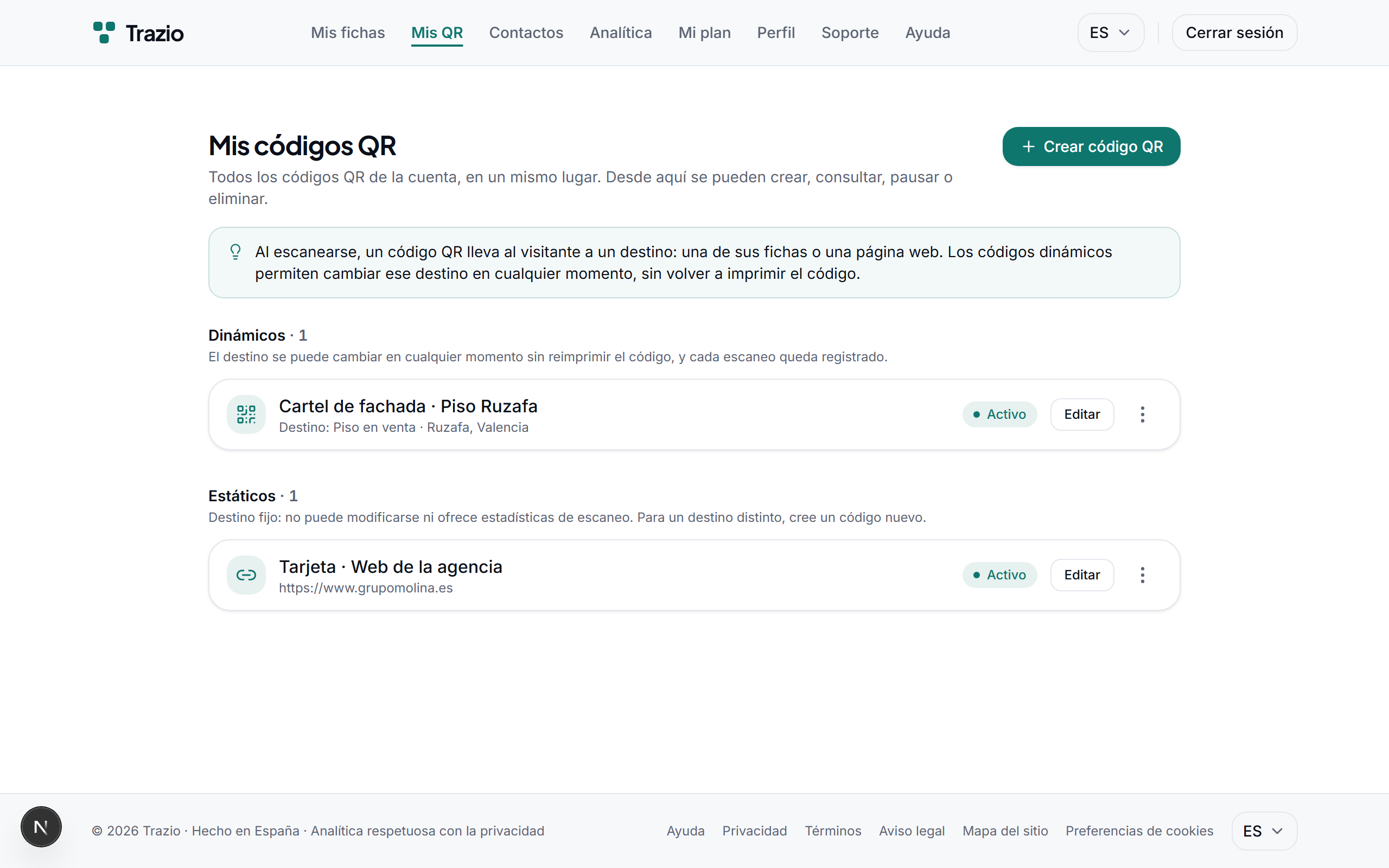 En el listado de códigos QR se muestran todos los generados. Para crear uno nuevo, se pulsa el botón correspondiente.