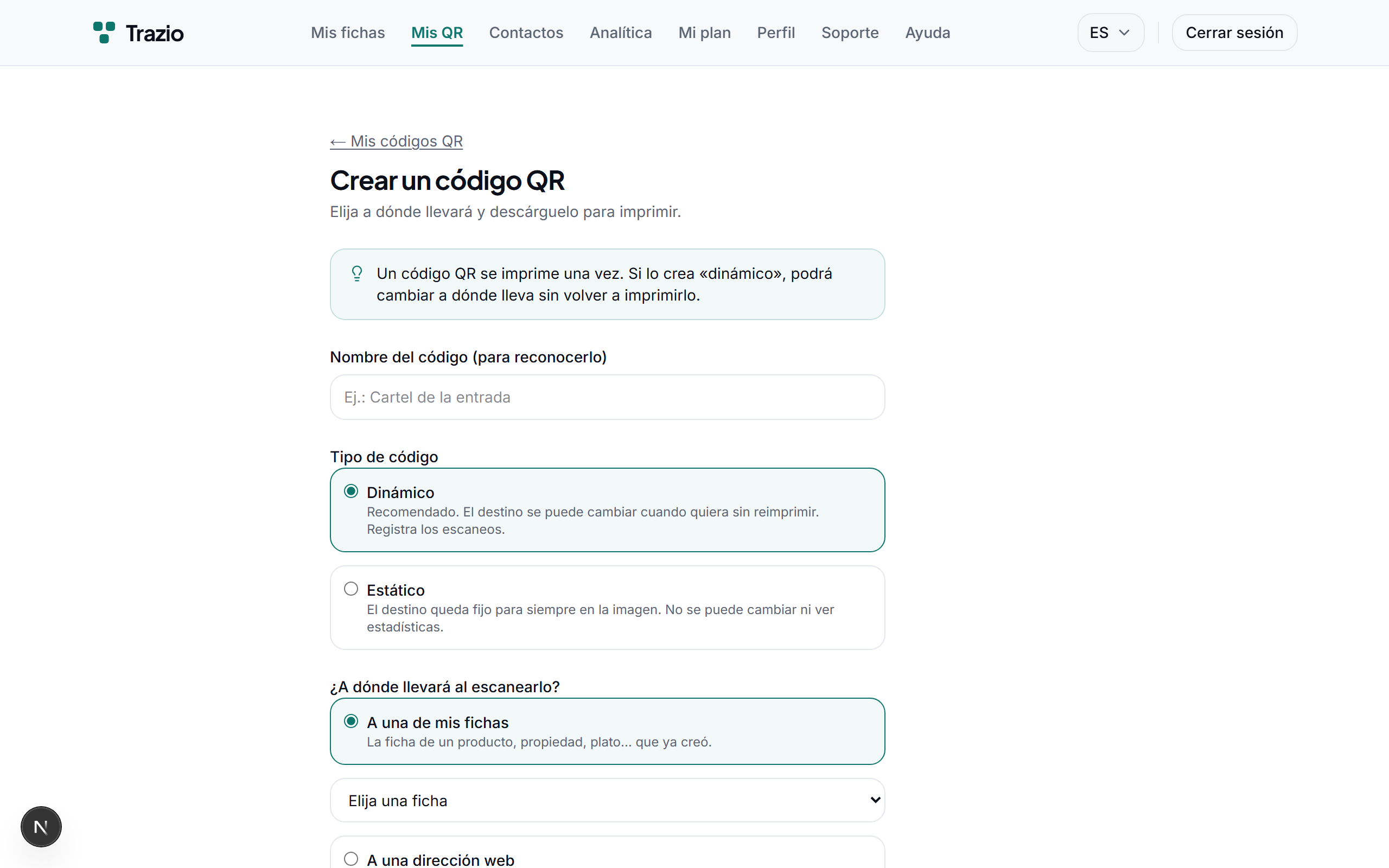 Al crear el código se elige el tipo estático y se introduce la dirección web de destino. Conviene revisarla con cuidado, ya que quedará grabada en la imagen.