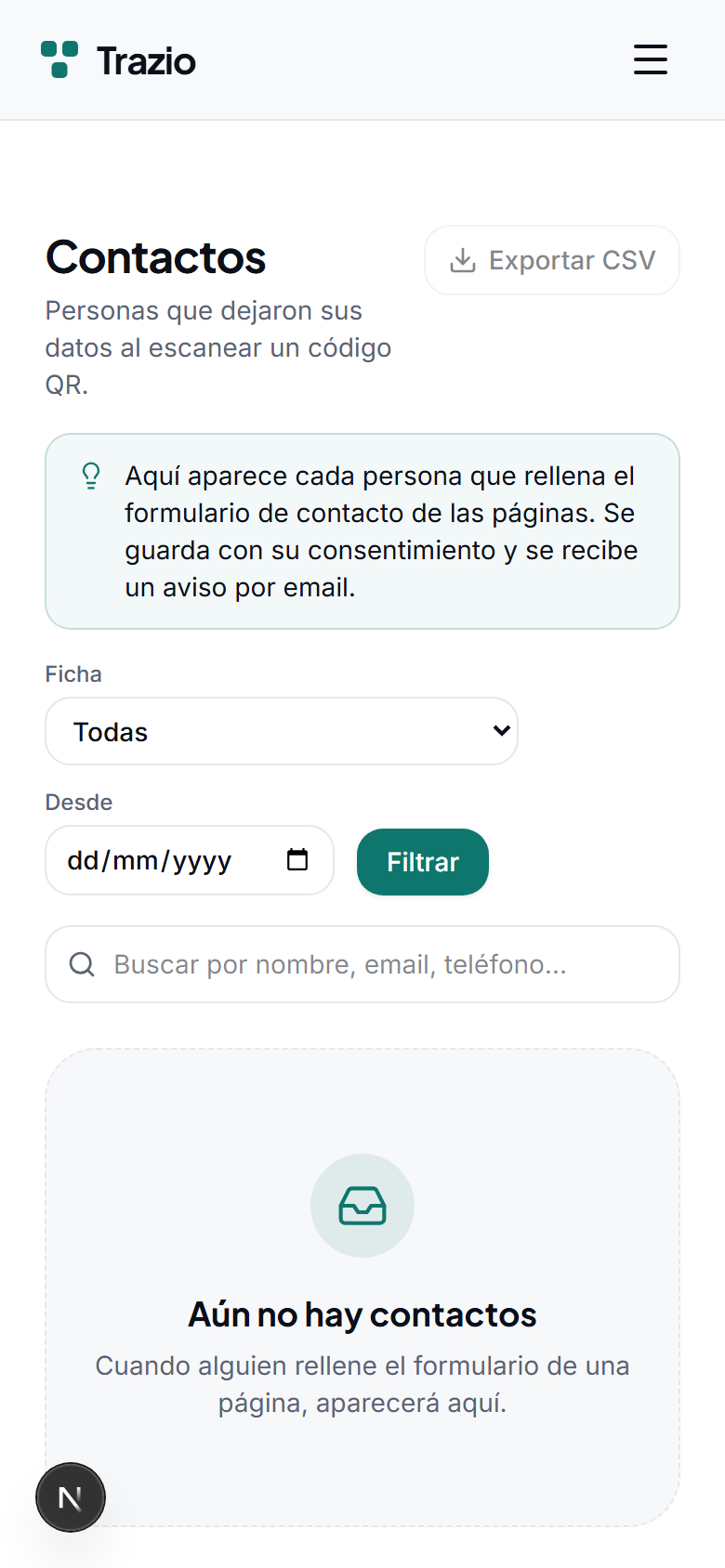 Los contactos recibidos se recopilan en un mismo listado dentro de la cuenta, listos para consultarse o exportarse.