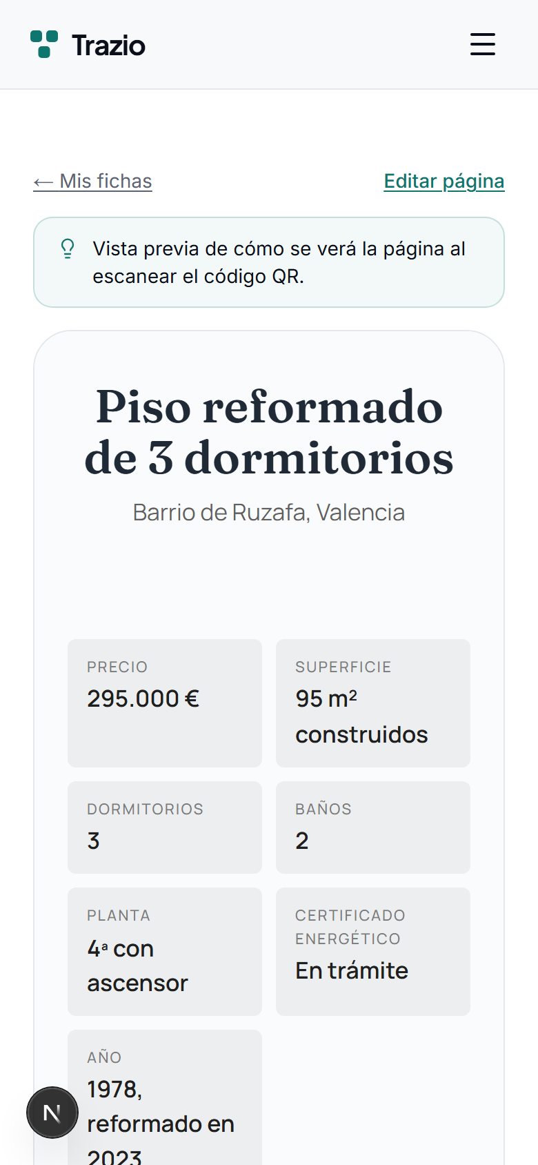 Una vez guardada, la ficha aparece con todo su contenido y queda disponible para vincularse a un código QR.