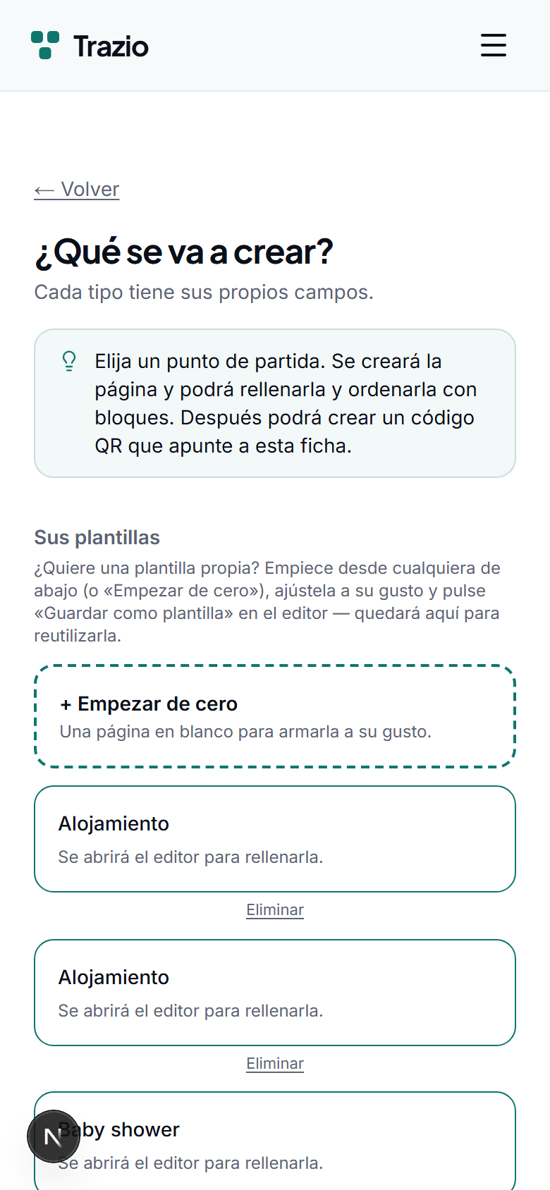 Se selecciona una plantilla según el uso previsto: propiedad, plato, evento, producto u otros. La plantilla define la estructura inicial del contenido.