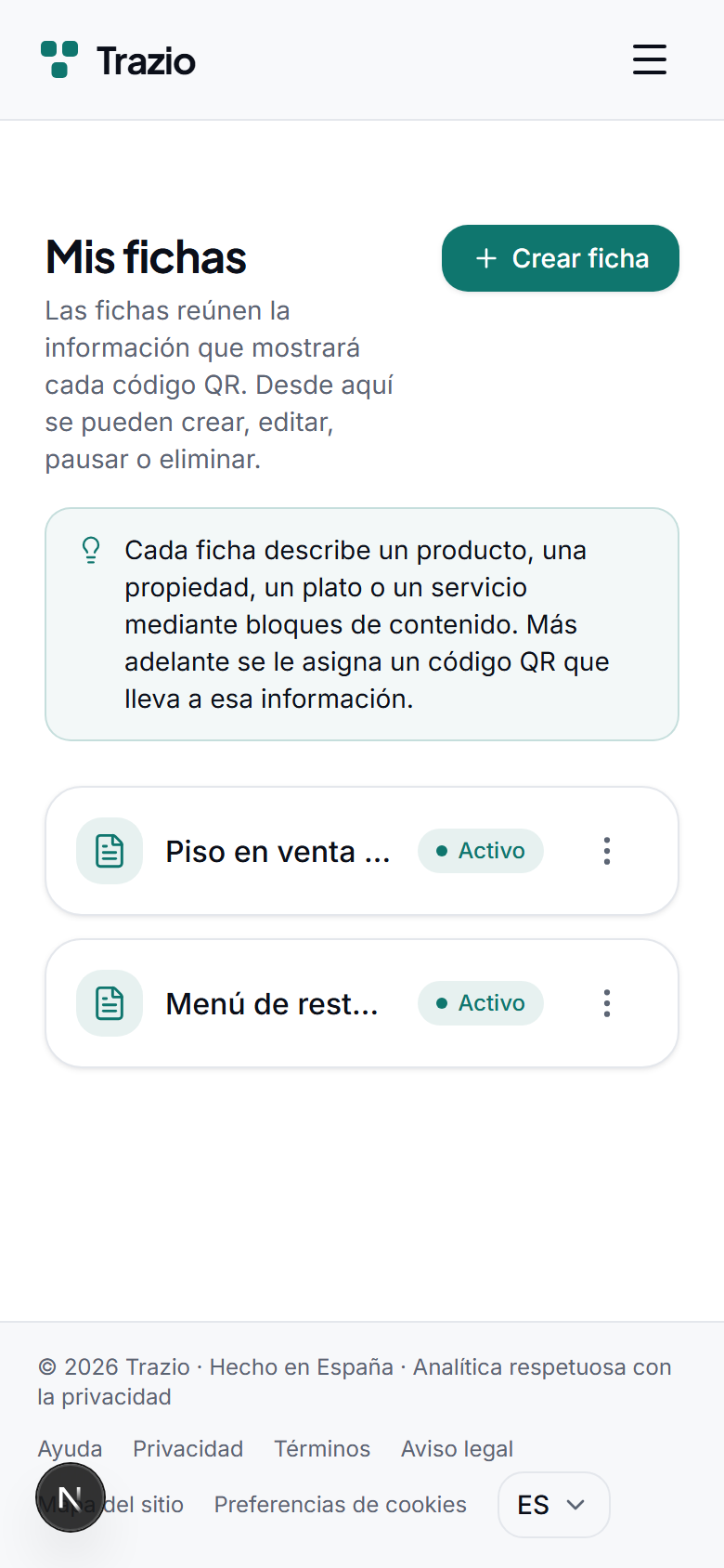 En el listado de fichas se muestran todas las fichas creadas. Para empezar una nueva, se pulsa el botón de crear ficha.