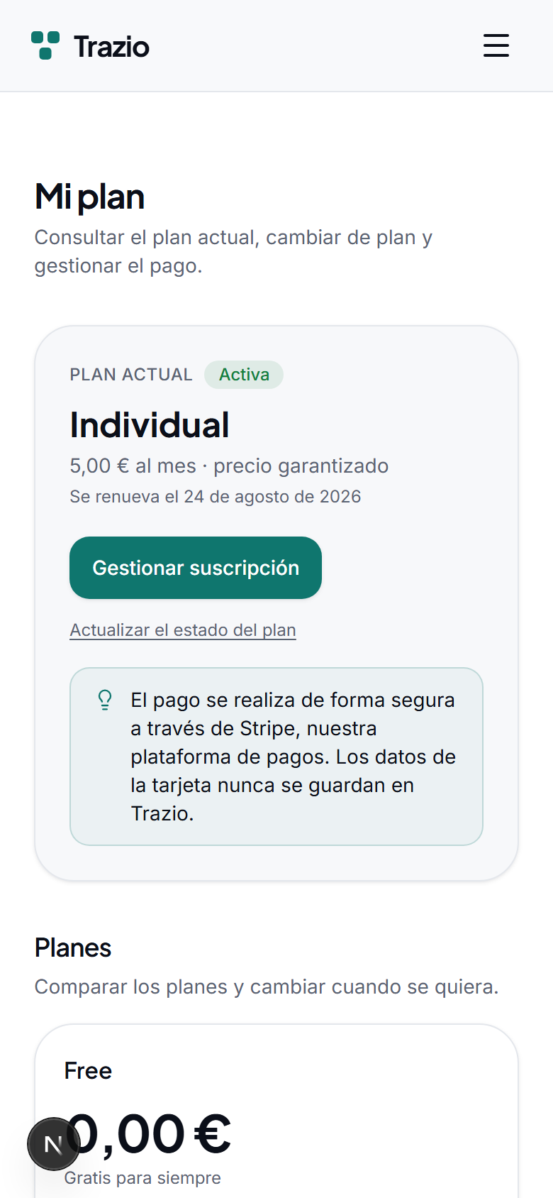 En la sección del plan se consulta el plan actual y lo que incluye. El plan Free permite crear fichas y códigos con las funciones esenciales.