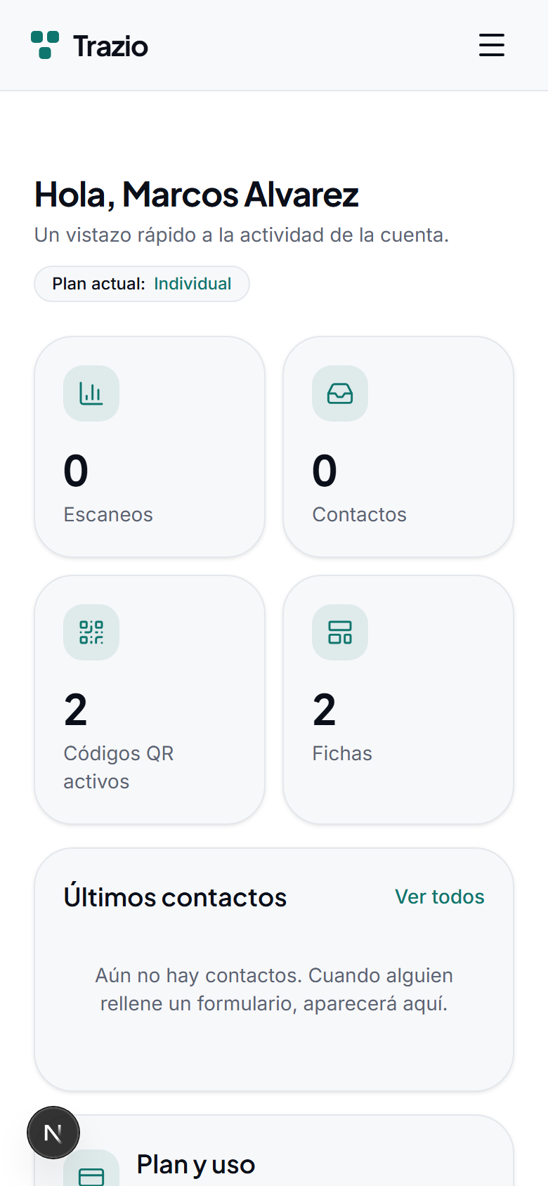 El panel de inicio reúne las fichas, los códigos QR y la analítica. Desde aquí se accede a todo lo necesario para gestionar la cuenta.