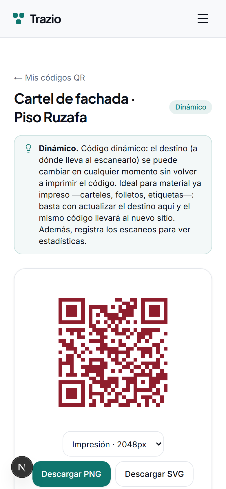 En el detalle del código dinámico se muestra el destino actual. Desde aquí se accede a la opción de editarlo.