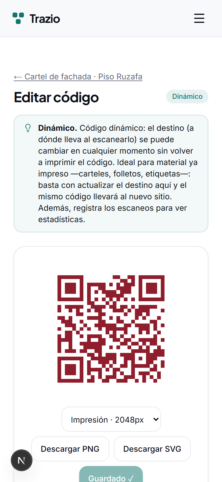 Se indica el nuevo destino (otra ficha o una dirección web) y se guarda. El cambio se aplica al instante para quien escanee el código.