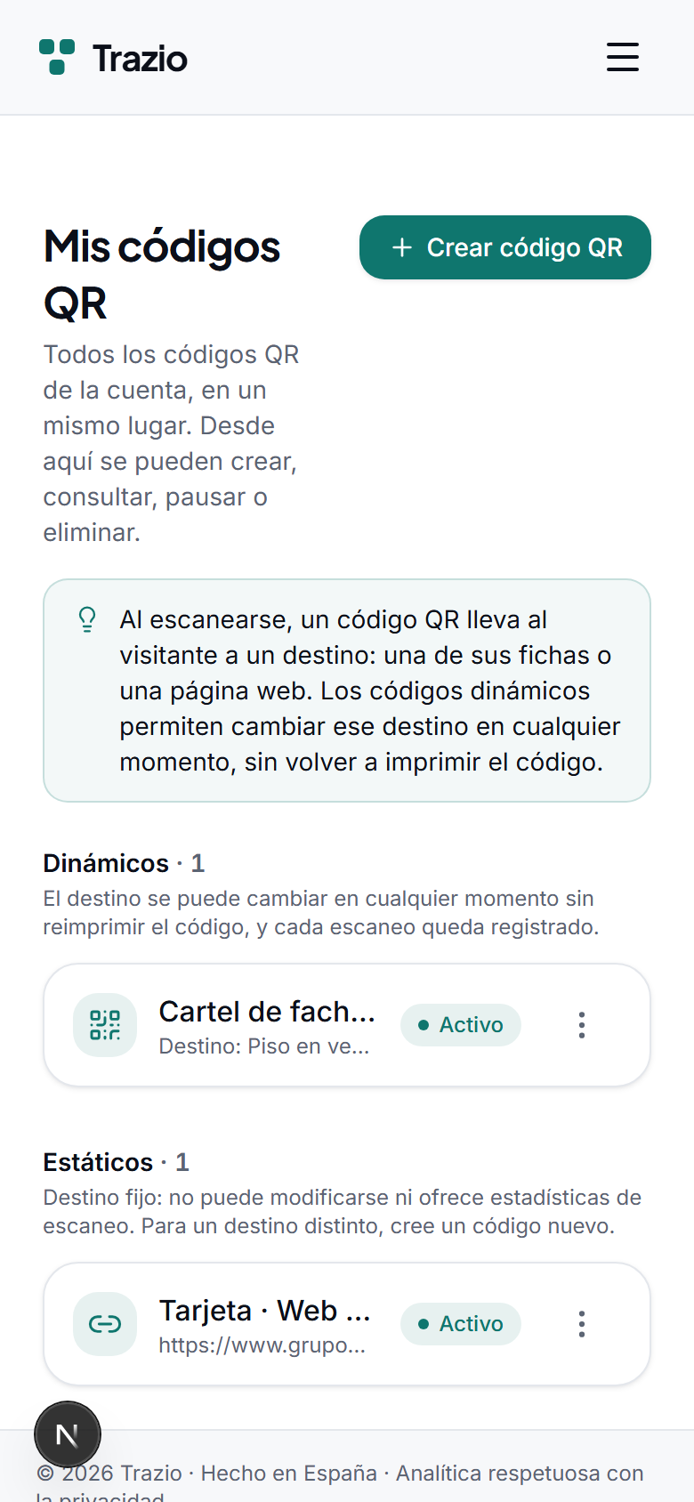 En el listado de códigos QR se muestran todos los generados. Para crear uno nuevo, se pulsa el botón correspondiente.