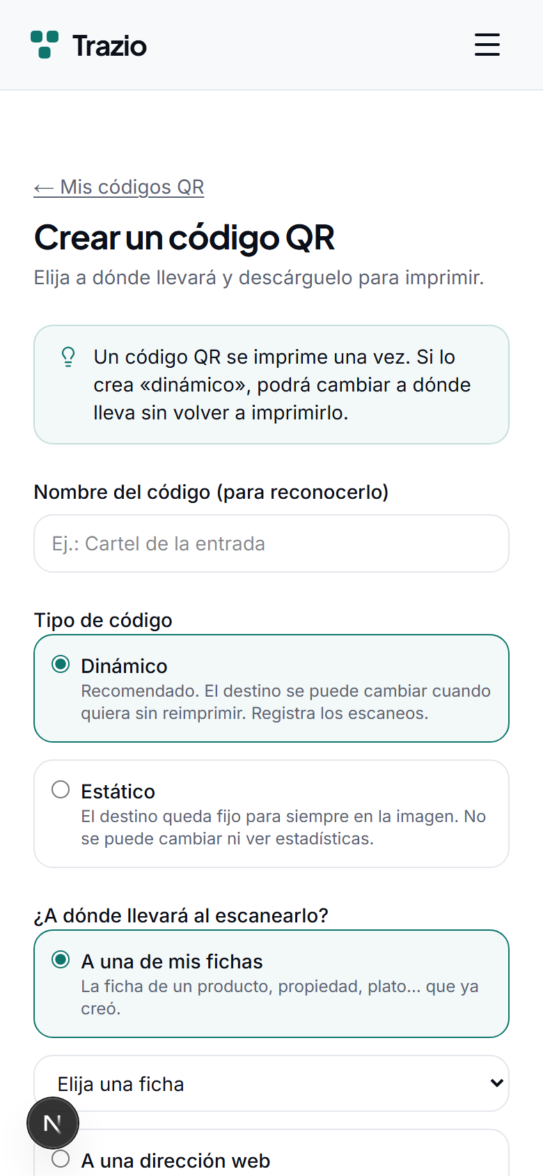 Al crear el código se elige el tipo estático y se introduce la dirección web de destino. Conviene revisarla con cuidado, ya que quedará grabada en la imagen.